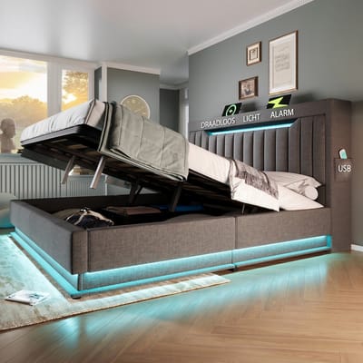 VVBV Gestoffeerd Opbergbed 140x200 cm - LED, USB-C, Hydraulische Opbergruimte, Opberghoofdbord, Lades, Linnen, Zonder Matras