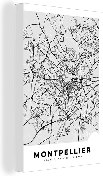 Canvas Schilderij Plattegrond - Kaart - Stadskaart - Frankrijk - Montpellier - 20x30 cm - Wanddecoratie