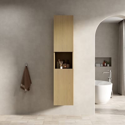 MIVRAY Opbergrek - Smalle Wandkast Met 2 Deuren En Open Vak - Voor Badkamer Woonkamer En Wasruimte - Multiplex - 160x35x35 Cm - Gouden Eiken