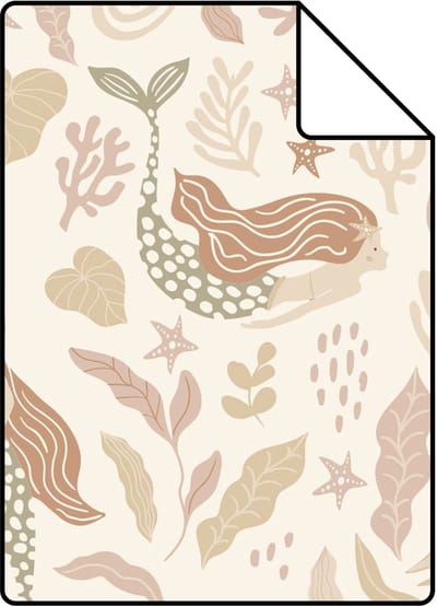 Proefstaal ESTAhome behang zeemeerminnen vergrijsd groen, beige en terracotta - 26.5 x 21 cm - 131498-S