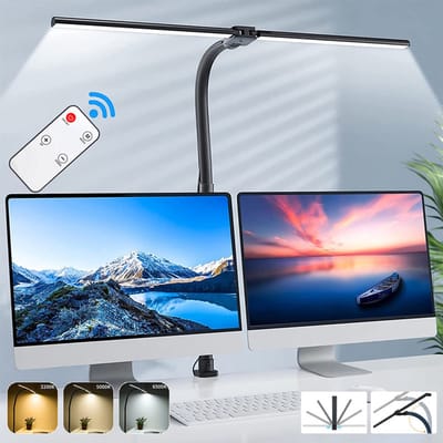 MUPOO 80 cm Bureaulamp LED Dimbaar - 5 Lichtstanden - 5 Helderheidsniveaus - met Afstandsbediening & Knopbediening - Flexibel - Leeslamp - Daglichtlamp Klemlamp - Monitor Lamp - Tafellamp - Zwart