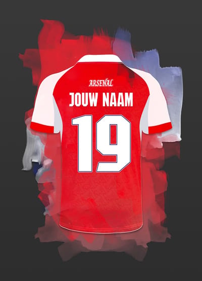Arsenal ingelijste poster met personalisatie - Met eigen naam en rugnummer - A2 formaat - 42x59.4 cm - Semi/ glossy papier - Voetbal shirt poster - Geïnspireerd op de kleuren van Arsenal en een beetje fantasie