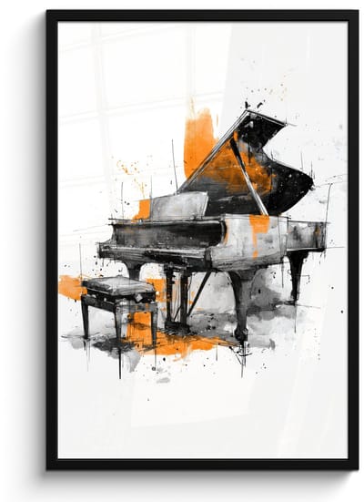 Poster in lijst - Fotolijst 60x90 cm - Posters - Piano - Oranje - Zwart - schets lijnen - Posterlijst zwart - Decoratie - Wanddecoratie woonkamer - Muurdecoratie slaapkamer