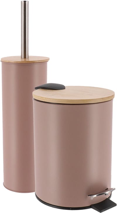 Tendance Badkamerset prullenbak en toiletborstel - Bamboo vibe - soft close - taupe - 3 liter - metaal
