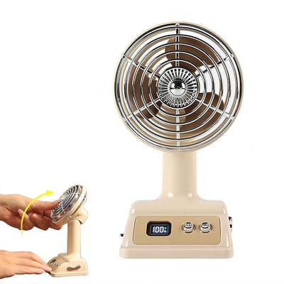 LISM Retro Stijl Bureauventilator – Draagbaar, USB Oplaadbaar, Mini Koelapparaat met Digitaal Display, Stille Persoonlijke Ventilator; Geschikt voor Thuiswerkplekken (Lichtgeel).