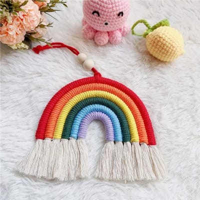 Fait Main Tissé Corde de Coton Pompons Arc-en-Ciel Perle Pendentifs Style Boho Arc-en-Ciel Chambre Décoration Murale Décoration de Fête CHINA