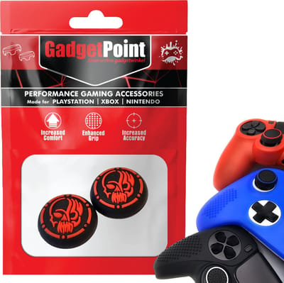 Gadgetpoint - Thumb Grips voor PlayStation, PS5, Xbox X/S, One & Switch Pro Controller - Gaming Thumbgrips - Performance Anti-Slip Thumbsticks - Bescherming Accessoires - Skull - Zwart met Rood