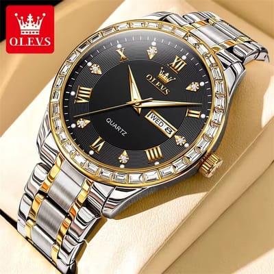 HO-9906.gz-zw : Olevs goud/zilverkl quartz heren horloge, zwarte wijzerplaat, zirkonia's, dagnaam, kalenderdag