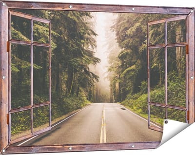 Gards Tuinposter Doorkijk Highway in Californië Omring met Bos - 120x80 cm - Tuindoek - Tuindecoratie - Wanddecoratie buiten - Tuinschilderij