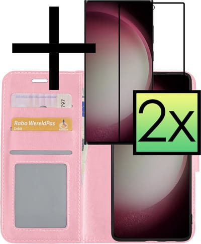 Hoesje - Met 2x Screenprotector - Geschikt voor Samsung Galaxy S23 Ultra - Luxe Pasjeshouder - Bookcase Portemonee - Flip Case - Kunstleer Book Case - Flipcase Hoes - Book Cover - Walletcase - Portemonneehoes - Lichtroze