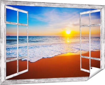 Gards Tuinposter Doorkijk Strand en Zee tijdens Zonsondergang - 150x100 cm - Tuindoek - Tuindecoratie - Wanddecoratie buiten - Tuinschilderij
