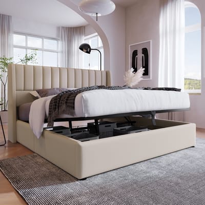 Opbergbed Dubbelbed 160x200cm - Hydraulisch, houten lattenbodem, linnen, beige (zonder matras)