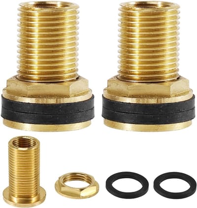 2 stuks tankschroefverbinding inclusief, AG 1/2 inch x IG 3/8 inch schroefverbinding, messing regentondoorvoer, schroefverbinding voor kranen, watertonnen en watertanks