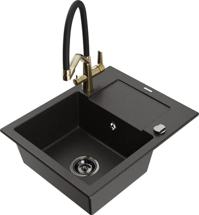 Mexen Enzo granieten gootsteen 1-kompaart met afdruiprek en keukenmengkraan Duo, zwart/goud metallic - 6506-75-671701-57-B