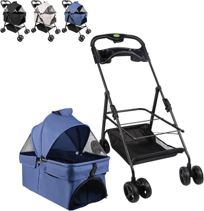Kinderwagen voor dieren - Draagtas reiswieg - Comfortabel reizen - Afneembare mand - Tot 15 kg - Blauw