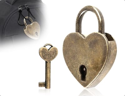 Vintage mini-hangslot in brons met hart en sleutel, perfect voor kast, juwelenkistje en decoratie thuis of op kantoor