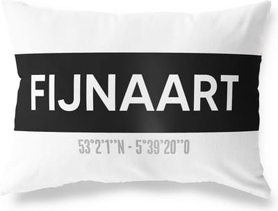 Tuinkussen FIJNAART - NOORD-BRABANT met coördinaten - Buitenkussen - Bootkussen - Weerbestendig - Jouw Plaats - Studio216 - Modern - Zwart-Wit - 50x30cm