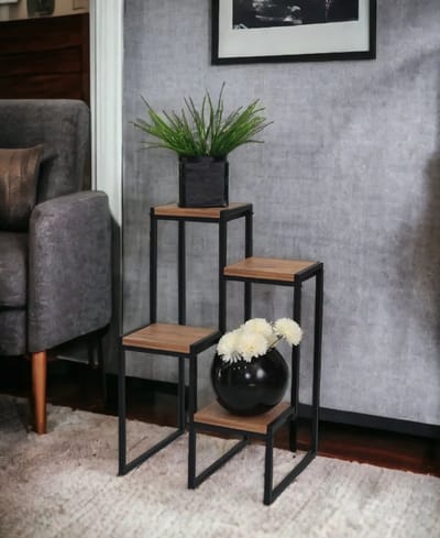 Plantenstandaard Ameland 67x34x34 cm zwart en houtkleurig