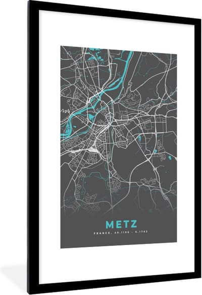 Fotolijst incl. Poster - Metz - Frankrijk - Plattegrond - Kaart - Stadskaart - 80x120 cm - Posterlijst