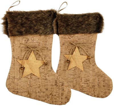 Set van 2 Stuks – Kerstmanlaarzen in Kurkoptiek – 33x24 cm – Met Nepbont Rand – Kerstsokken
