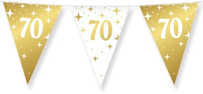 10 meter vlaggenlijn Wit/Goud folie - 70 jaar - 12 vlaggen - 30 cm - Dubbelzijdig gedrukt - Glimmende folie