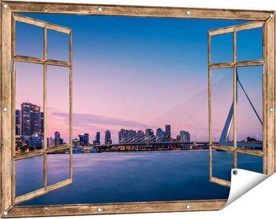 Gards Tuinposter Doorkijk Erasmusbrug in Rotterdam met Zonsondergang - 120x80 cm - Tuindoek - Tuindecoratie - Wanddecoratie buiten - Tuinschilderij