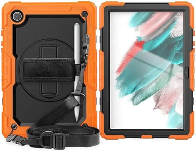 Hoes met ingebouwde Screenprotector Geschikt voor Samsung Galaxy Tab A8 | Inclusief 360° Draaibare Handriem en Schouderriem | Extreme bescherming | Ideaal voor zakelijk gebruik | Oranje