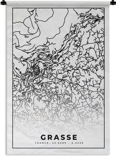 Wandkleed - Wanddoek - Frankrijk - Plattegrond - Grasse - Stadskaart - Kaart - Zwart wit - 120x180 cm - Wandtapijt