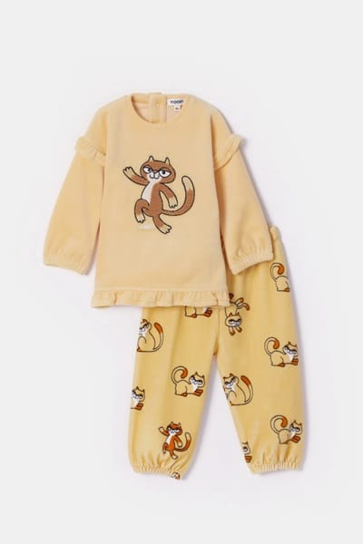 Woody pyjama baby meisjes velours - lichtgeel - kat - 252-10-PDL-V/619 - maat 62