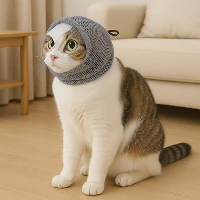 Daity Een kattenkap tegen bijten en likken, met een ademend, transparant gezichtsmasker van gaas, geschikt voor dagelijkse verzorging zoals nagels knippen en baden, klein formaat (grijs).