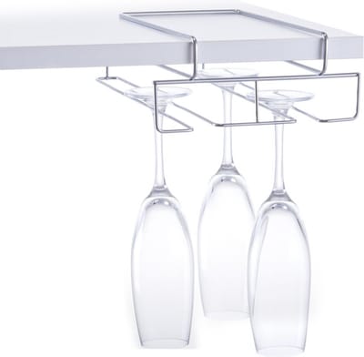 Zeller Wijnglazen houder - Zilverkleurig - Ophangbaar aan Plank - Voor 4x Glazen - 18 x 28 x 7,5 cm