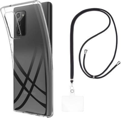 Set met hoesje en nekband voor Samsung Galaxy note 20 - Flexibele, transparante TPU-bescherming, verstelbare universele nekband voor mobiele telefoons, zwarte nekband, transparante draagriem van Phonillico®