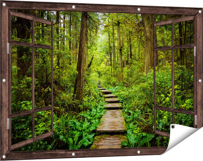 Gards Tuinposter Doorkijk Voetpad in het Bos met Groene Planten - 120x80 cm - Tuindoek - Tuindecoratie - Wanddecoratie buiten - Tuinschilderij