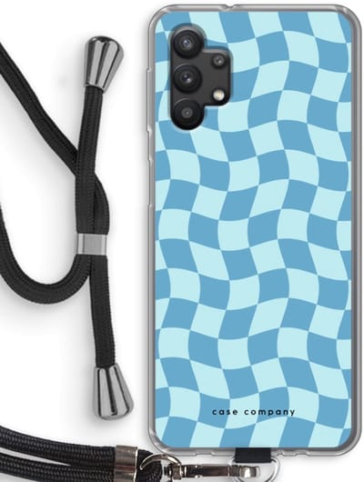 Case Company® - Hoesje met koord geschikt voor Samsung Galaxy A32 5G hoesje met Koord - Grid Blauw - Telefoonhoesje met Zwart Koord - Bescherming aan alle Kanten en Over de Schermrand