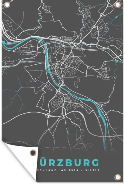 Muurdecoratie Blauw – Duitsland – Plattegrond – Stadskaart – Kaart – Würzburg - 120x180 cm - Tuinposter - Tuindoek