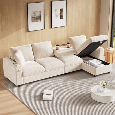 STILVORA Hoekbank 280 x 137 cm – Met Slaapfunctie – Neerklapbare Tafel Met Bekerhouders & Usb – Armleuningopberging – Chenille – Zonder Matras – Beige