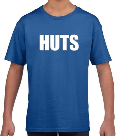HUTS tekst t-shirt blauw kids - feest shirt HUTS voor kids 110/116