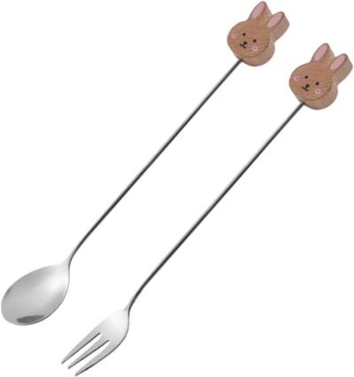 2 stuks - Vork + Lepel - Konijnendesign - Roestvrij staal - Wit esdoornhout - Te gebruiken als koffieroerlepel, honinglepel, etc. - Zoals afgebeeld
