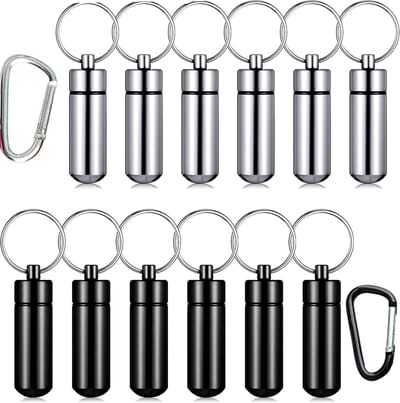 12-delige Sleutelhanger Pillendoos, Mini Aluminium Pillendoos, Waterdichte Organizer voor Reizen, Kamperen en Buitenactiviteiten