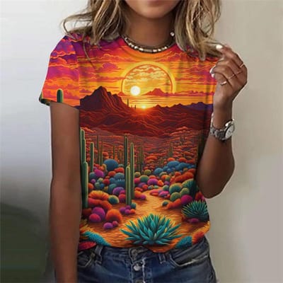 Natuurlandschap Patroon T-shirt Voor Dames Zonsondergang Planten 3D Geprinte T-shirts Zomer Mode Street Tees Ronde Hals Tops Korte Mouwen 6XL orange
