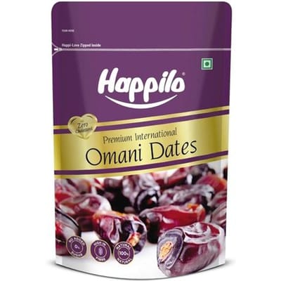 Dattes omanaises internationales Happilo Premium 250 g (Paquet de 5), Fruits secs frais et moelleux, riches en fibres, en fer et en vitamines