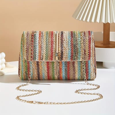 Kleurrijke Gestreepte Geweven Schoudertas voor Dames, Elegante Handtas met Afneembare Riem, Regenboog Streep Patroon, Messenger Bag, Kleine Crossbody Tas white