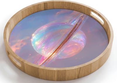 Dienblad rond 40x40 cm - Schootdienblad hout - Planeet - Lucht - Wolken - Pasteltinten - Borrelplank rechthoek - Plateau houten dienbladen
