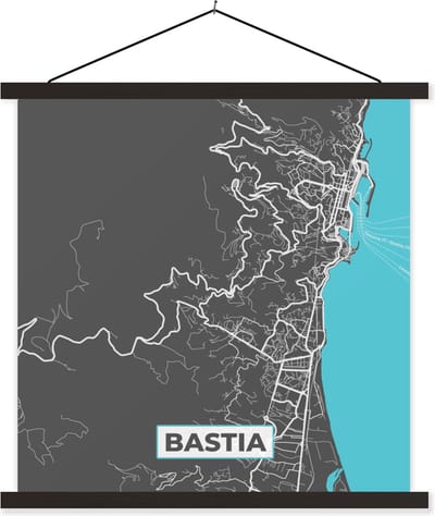 Posterhanger incl. Poster 60x60 cm - Schoolplaat - Frankrijk - Bastia - Plattegrond - Kaart - Stadskaart - Textielposter - Zwarte latten - Stadskaart