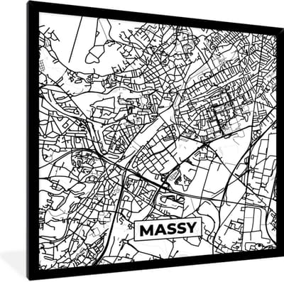 Fotolijst incl. Poster Zwart Wit- Plattegrond - Kaart - Massy - Frankrijk - Stadskaart - Zwart wit - 40x40 cm - Posterlijst