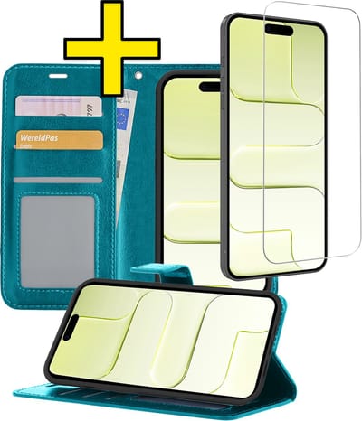 Hoesje - Met Screenprotector - Geschikt voor Apple iPhone Air - Luxe Pasjeshouder - Bookcase Portemonee - Flip Case - Kunstleer Book Case - Flipcase - Book Cover - Walletcase - Portemonneehoes - Telefoonhoesjes - Turquoise