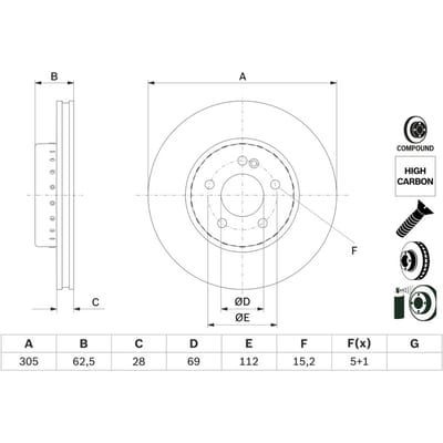 Remschijf BOSCH 0 986 479 H46 voorkant, geventileerd, sterk gecarboniseerd, 1 Stuk