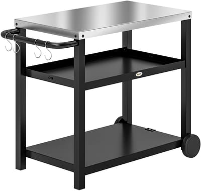 Buitenkeuken op Wielen – BBQ Trolley – Met Opbergkast & Planken – Werktafel voor Buiten – Staal & Metaal – Multifunctioneel – Donkergrijs + Zilver