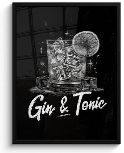Poster in lijst - Fotolijst 60x80 cm - Posters - Gin en tonic - Glas - Limoen - Ijsblokjes - Posterlijst zwart - Decoratie - Wanddecoratie woonkamer - Muurdecoratie slaapkamer