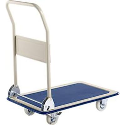 Platformwagen, 90° inklapbare duwbeugel, met rem, tot 150 kg, L 740 x B 480 x H 860 mm, staal, grijs